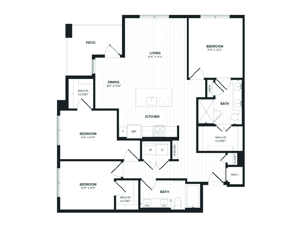 Floor plan for 3 beds, 2 baths, 1314 sqft